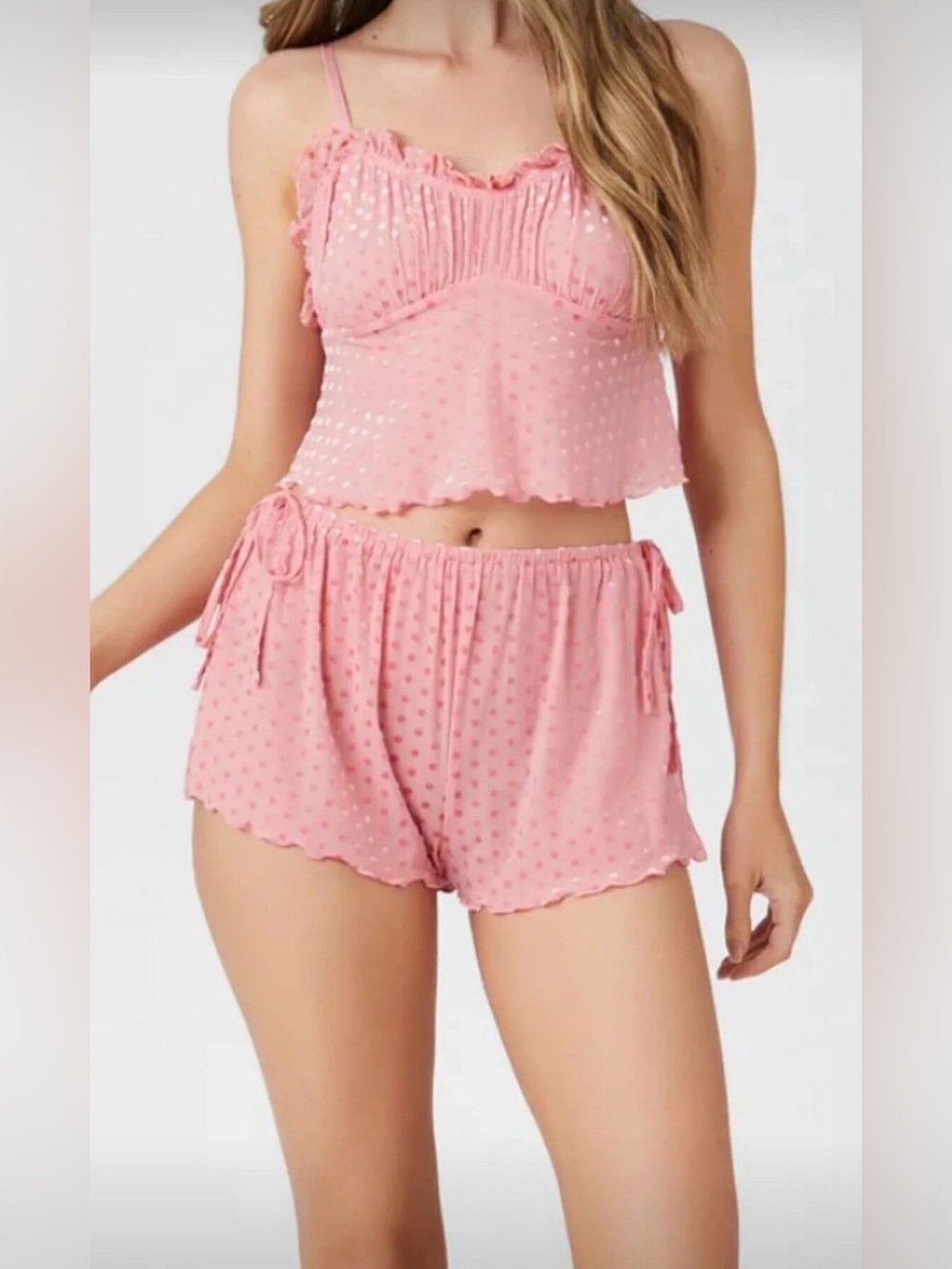 F21 Pink Mesh Pajama Set Polka Dot Ruffle Cami Shorts Set Flirty Sleepwear, S